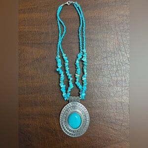Turquoise Beaded Necklace with Silver Pendant